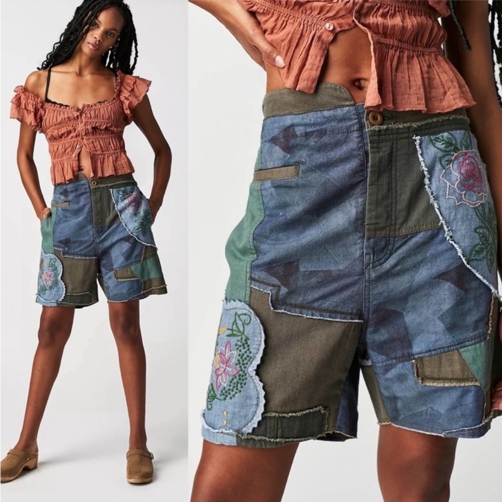 New Free People Blue Horizon Patched XS, S, M Blue High Waist Embroidered Boho - Picture 4 of 6